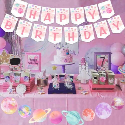 Fangleland Outer Space Theme Birthday Banner Garland for Girl, First Trip Around the Sun Two the Moon Galaxy 1st 2nd 3rd Party Decorations Supplies
