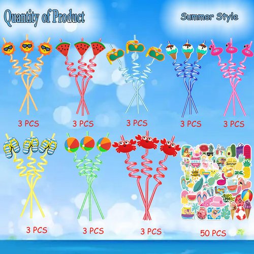 74Pcs Drinking Straws ＆ Stickers Set for Kids,Summer Pool Beach Party Favors,Beach Theme Party Decorations Supplies Hawaiian Birthday Goodie Bag Stuffers
