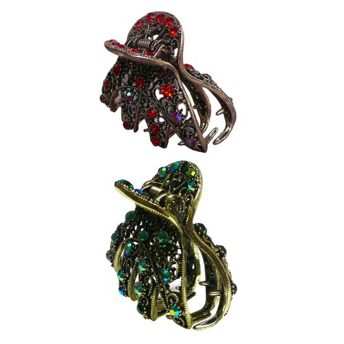 JCGY Set of 2 Crystal Jaw Clips Metal Claws Antique Bronze Antique Gold Trim YY86410-2RedEmerald