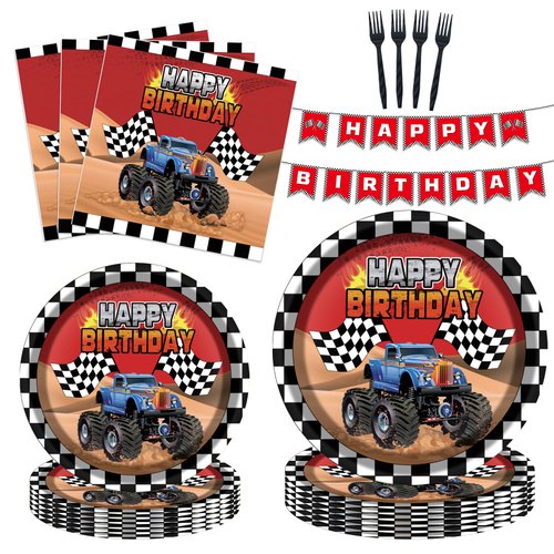 Monster Truck Party Supplies Kit for 24 Guests - 97 Pcs Including Plates, Forks, Napkins, Bunting - Ideal for Kids' Monster Truck-Themed Birthdays and Baby Showers