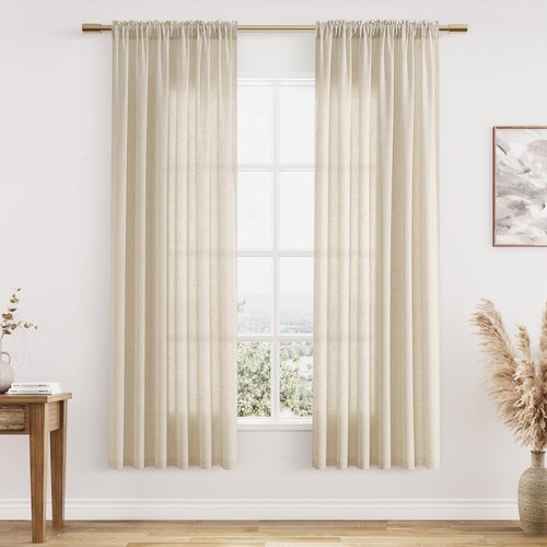 Guken Linen Curtains 72 Inch Length for Living Room Bedroom 2 Panels Set Rod Pocket Light Filtering Semi Sheer Window Curtains 52 Inch Width Boho Farmhouse Linen Drapes Flax Beige Linen, W52xL72