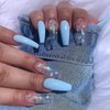 BABALAL Long Coffin Fake Nails Butterfly Ballerina False Nails Blue Press on Nails Glossy Acrylic Nail Tips with Design for Women and Girls