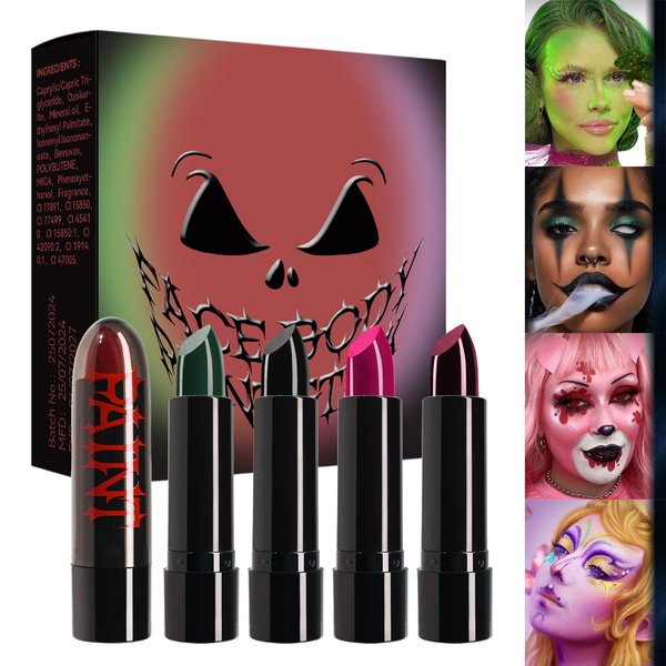 4Colors Matte Soft Mist Halloween Vampire Lipstick,Face Body Paint Stick Set High Lipcolo,Paint Sticks Professional Costume Makeup,easy to apply and color improve skin tone Face & body Painting(Set B)