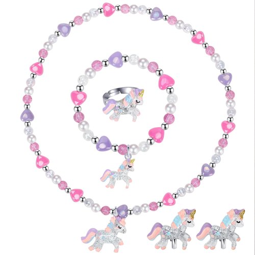 Girls Play Necklace and Bracelets Ring Clip on Earrings Toddler Unicorn Jewelry Kids Little Girls Unicorn Necklace Set Charm Bling Bling Unicorn Pendants Party Favors Toddlers Colorful Dress up Jewelry Gifts-AA002