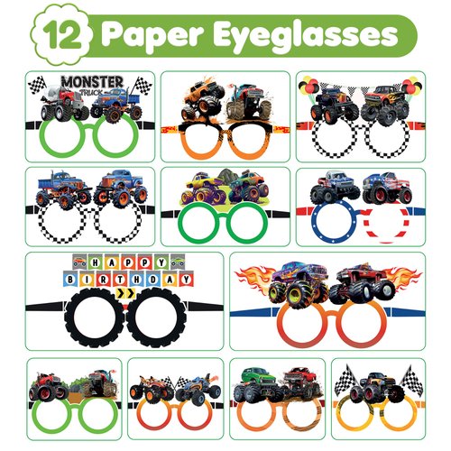 MDNHIO 36PCS Monster Truck Party Favor 24PCS Tattoos 12PCS Paper Eyeglasses Themed Paper Photo Booth Props Birthday Party Decorations Dress Up Cute Style Funny Sunglasses Supplies Photography
