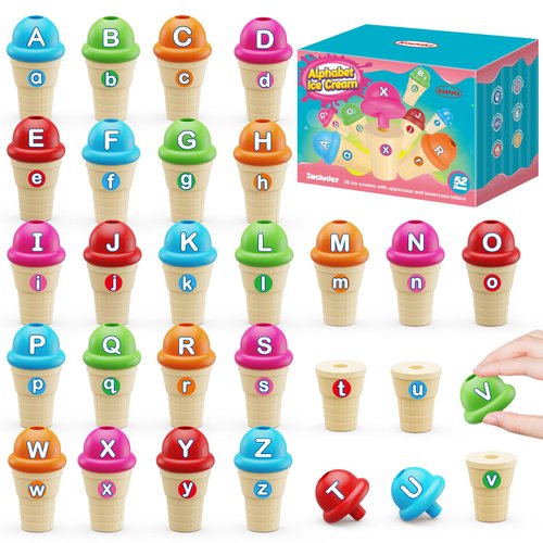Kasfalci Alphabet Learning Toys,Ice Cream Toys Play Set,ABC Learning for Toddlers Kids,Matching Letter Game,Color Sorting,Montessori Fine Motor Stacking Toys,Kindergarten Preschool Learning Activities