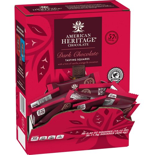 American Heritage Chocolate, Artisanal Tasting Squares, 57% Cacao, Dark Chocolate with Hints of Vanilla, Orange, and Cinnamon in a Single Bite (36 Pieces)