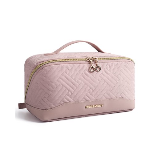 BAGSMART Travel Makeup Bag - Water-Resistant Portable Cosmetic Pouch, Flat Open Organizer for Toiletries and Brushes, Pink