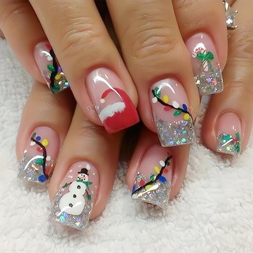 24Pcs Christmas Nails Glitter Silver French Tip Press on Nails Short Square False Nails Christmas Press ons Coloured Light Xmas Hat Full Cover Fake Nails Snowman Glue on Nails for Winter Acrylic Nails