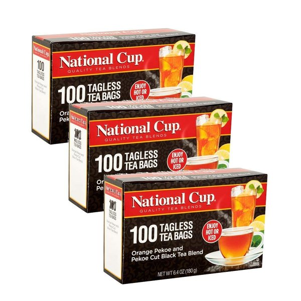 National Cup, Tagless Orange Pekoe and Pekoe Cut Black Tea Blend, Tea Bags, 100 Ct, Pack of 3