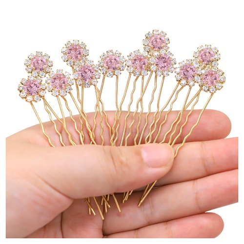 Ammei Crystal Bridal Hair Pins Clips Wedding Hair Accessories Hair Set Jewelry With Rhinestone For Brides and Bridesmaids Set Of 12 (Light Pink)