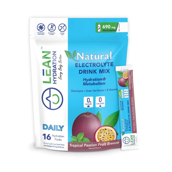 LEAN Hydration Daily Natural Electrolyte Packets Drink Mix | Zero Calories, Zero Sugar Plus Vitamins, Minerals & More | 16 ct (Tropical Passion Fruit Breeze)