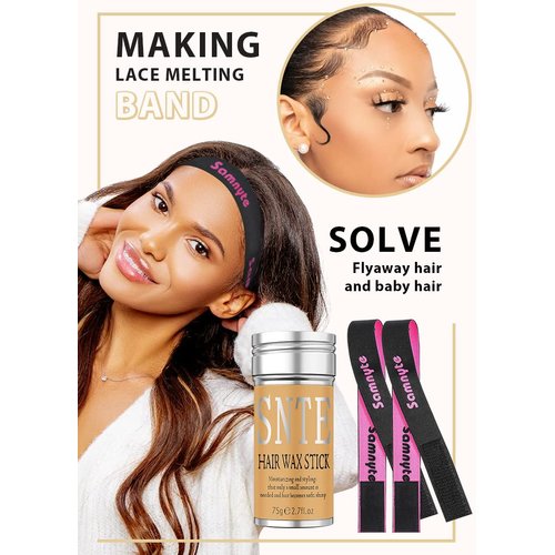 Samnyte Slick Wax Stick for Hair Wigs Edge Control, Flyaways & 2Pcs Wig Band for Melting Lace Front, Lace Melting Band, Non-Greasy