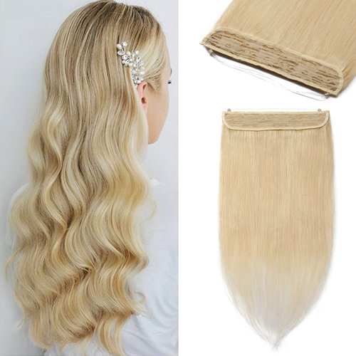 S-noilite Wire Hair Extensions Human Hair Thick Secret Wire Hair Extensions with Adjustable Headband 16" 90g Fish Line Hairpieces For Women #60 Platinum Blonde