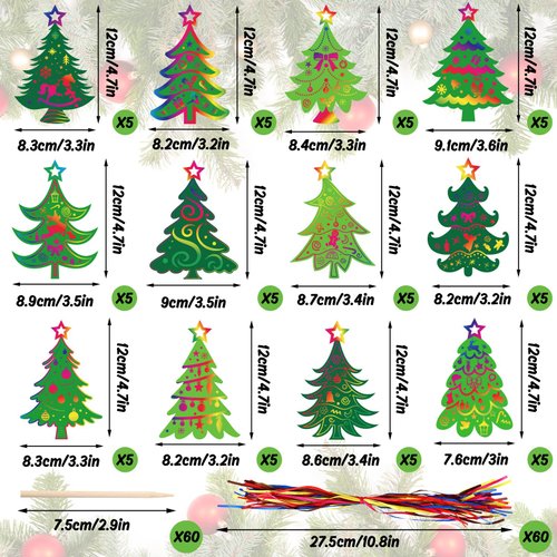 JarThenaAMCS 60Pcs Christmas Tree Scratch Art Set 12 Designs Green Xmas Tree Scratch Paper with Ribbon Wooden Stylus Stick for Winter DIY Craft Party Kids Classroom Favor Supplies