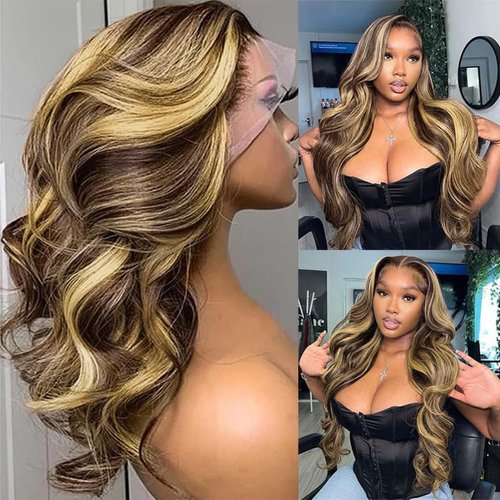 Lovigs Highlight Lace Front Wig Human Hair 13x4 Transparent Lace Ombre Body Wave Lace Front Wig Human Hair Pre Plucked with Baby Hair Glueless Human Hair Wigs for Women(20 Inch)