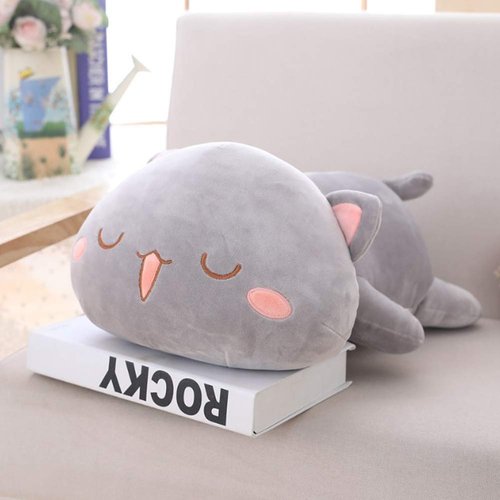 Jensquaify Cat Plush Hugging Pillow, Soft Kitten Plush Cat Stuffed Animals Toy Gifts for Kids (Grey Squint Eyes, 19.6")