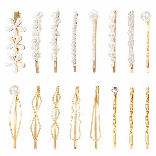 SHEHARUHI Hair Pins, 16pcs Vintage Pearl Hair Bobby Pins Metallic Flower Barrettes Combination Hair Clips for Women Girls, Minimalist Hair Decorative Wedding Dainty Accessories