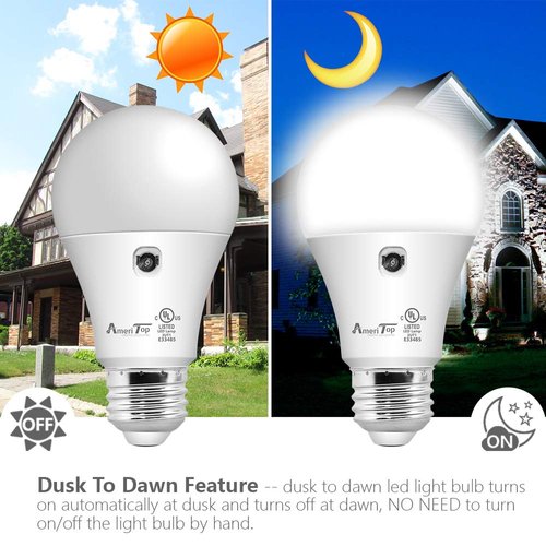 AmeriTop Dusk to Dawn Light Bulb- 2 Pack, A19 LED Sensor Light Bulbs; UL Listed, Automatic On/Off, 800 Lumen, 10W(60 Watt Equivalent), E26 Base, Indoor/Outdoor Lighting Bulb (5000K Daylight)