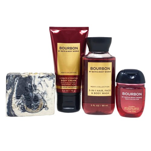Bath & Body Works Bourbon Here's To Good Times Travel Gift Bag Set - Body Cream - 3-in-1 Hair, Face, & Body Wash - Hand Gel - and a Charcoal Scrub Bar Soap - Travel Size