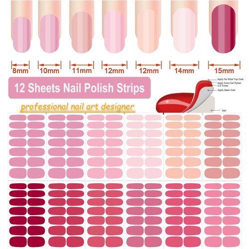 DANNEASY 12 Sheets Nail Polish Stickers Full Nail Wraps for Women Solid Color Fingernails Wraps Self Adhesive Nail Polish Strips Gel Nail Strips with Nail File, Cuticle Stick - Pink