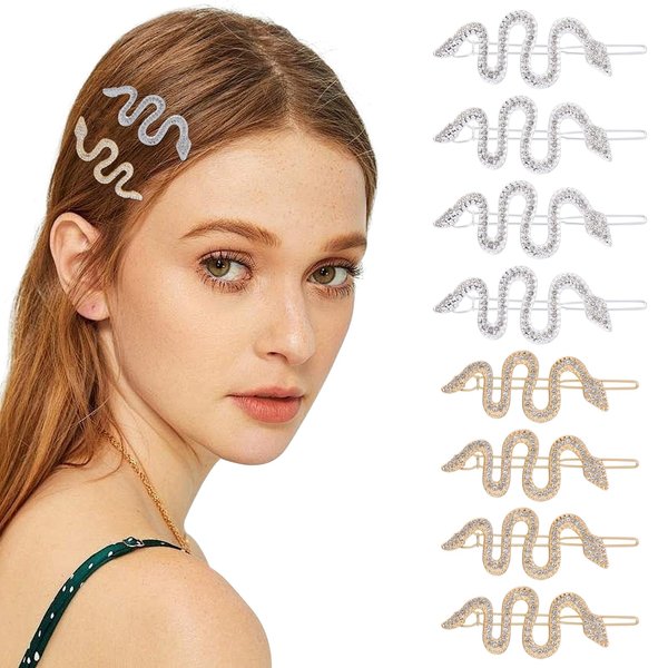 Snake Hair Pins 8Pcs with Rhinestones Hair Clips, Sparkly Gold 8 Pcs Alloy Snake Hair Clips Set, Crystal Hair Accessories Headdress for Teens and Women