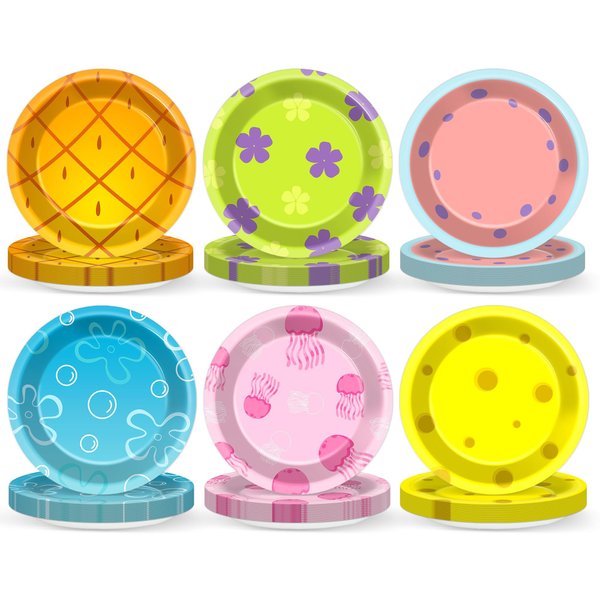Justforjoyful 48Pcs Yellow Cartoon Plates Yellow Cartoon Theme Party Supplies Ocean Paper Plates for Birthday Baby Shower Party Decorations Under the Sea Decor Yellow Cartoon Tableware