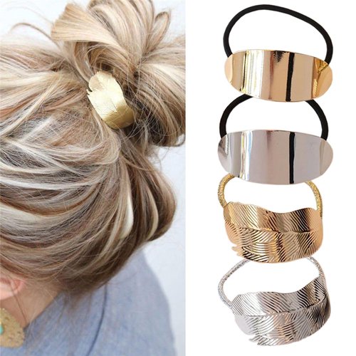 4 Pcs Metal Hair Ties Ponytail Hair Cuff Hair Rope Minimalist Dainty Leaf Glossy Surface Ellipse Ponytail Holder Hair Accessories Decorative Gold Silver Hair Ties for Women