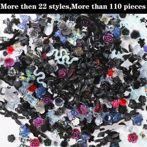 COOSLIM 110 Pieces 3D Nail Charms for Acrylic Nails, Bows Rose Flower Butterfly Bowknot Heart Bear Rabbit Star Bow Charms for Nail Art Designs DIY Accessories Craft(Black)