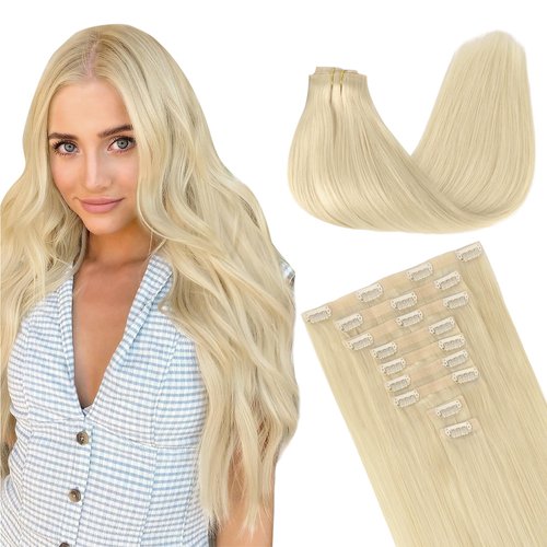 GOO GOO Clip in Hair Extensions Real Human Hair, 16inch 130g 9Pcs, 60A Platinum Blonde, Remy Human Hair Extensions Clip ins for Women, Natural Human Hair