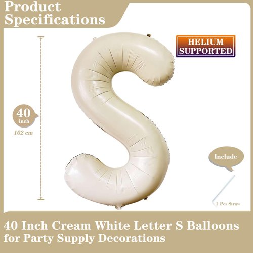 Cream White Letter S Balloons, 40 Inch Giant Letter Balloons S Foil Mylar Helium White Letter Balloons for Birthday Party Supplies Anniversary Event Celebration Decorations Alphabet White S