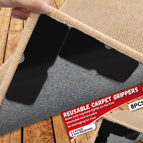 Urdar Brunnr Rug Carpet Non Slip Grippers, Reusable and Washable Double Sided Carpet Tape Pads, Strong Adhesive Grippers for Area Rugs, Keep Corners Flat, No Damaging for Floor Removable, 8Pcs