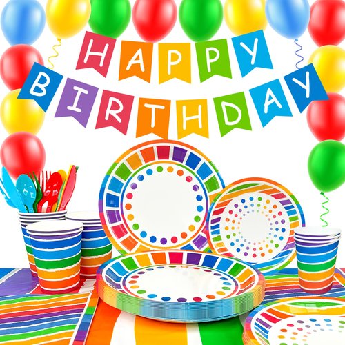 Rainbow Party Supplies,166pcs Rainbow Party Decorations & Tableware Set - Rainbow Party Plates Napkins Cups & Rainbow Birthday Decorations Balloons Banner etc Rainbow Themed Birthday Party Supplies