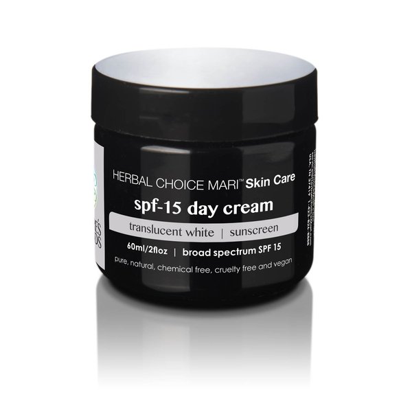 Natural SPF-15 Day Cream by Herbal Choice Mari (Translucent White, 2 Fl Oz Jar) - Made with Organic Ingredients - No Toxic Synthetic Chemicals - TSA-Approved Travel Size