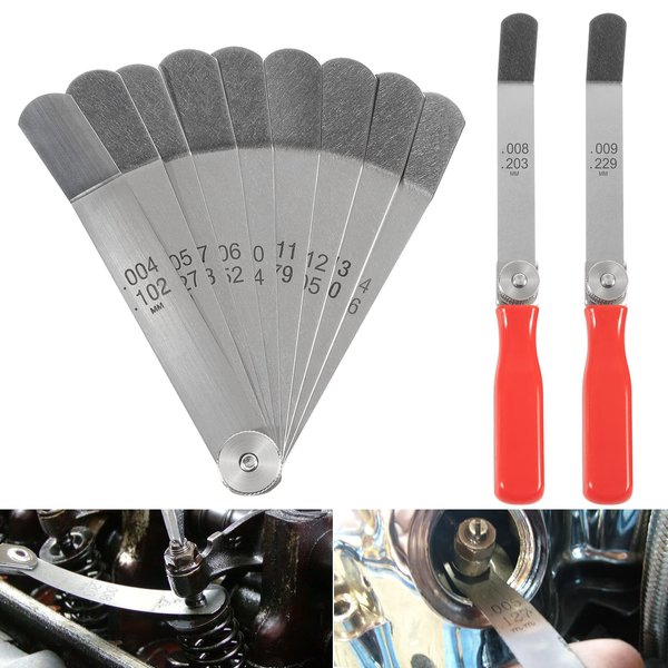 A308 Offset Valve Tappet Gauge Set Premium 11-Blade Feeler Gauge Kit Sizes from 0.004" to 0.014" Includes Two Red Handles