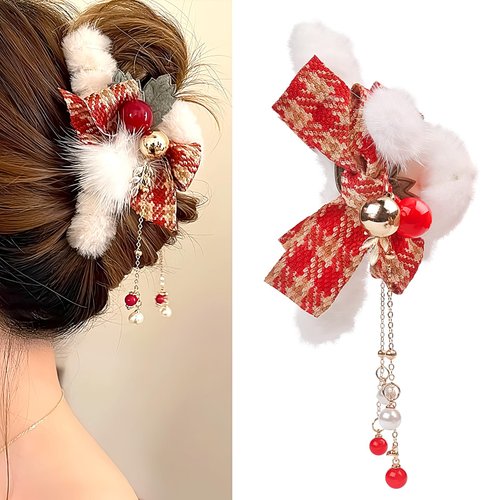 Christmas Hair Clips for Women Christmas Plush Hair Claw Clips with Bows Tassels, Faux Fur Hair Claw Non-Slip Hair Barrettes for Thick Thin Long Hair, Cute Claw Clips Xmas Hair Accessories 1PCS(Red)
