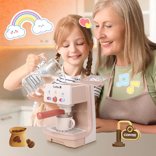 Kids Coffee Maker with Coffee Cups Toy Coffee Maker for Kids Kitchen Playset Gifts Set Toddler Coffee Playset with Lights and Sound Play Coffee Maker Set for Kids Tea Playset