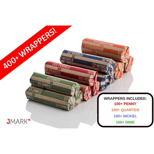J Mark Neatly-Packed Flat Coin Roll Wrappers (Quarters, Dimes, Nickels, Pennies), ABA Striped Kraft Paper Coin Roll Wrappers, Includes Free J Mark Deposit Slip, (400-Pack USD)