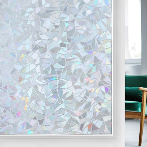 rabbitgoo Window Privacy Film, Rainbow Window Film, Removable Stained Glass Sticker, Heat Control Window Cling for Decor, Silver, 17.5 x 78.7 inches