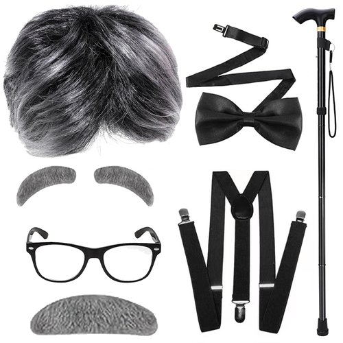 Yaliuliu Old Man Wig Costume for Kids -100 Days of School Dress-Up with Grandpa Vibes,Complete with Suspender,Cane, Glasses, Gray Wig, Ideal for Halloween Cosplay and for Adults and Boys