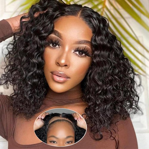BOSDIOS Wear and Go Glueless Wigs Human Hair Pre Plucked Pre Cut Deep Wave Curly Bob Lace Front Wigs Human Hair For Black Women 180% Density 4x4 Lace Closure Wigs For Beginners Water Wave Wig(14in)