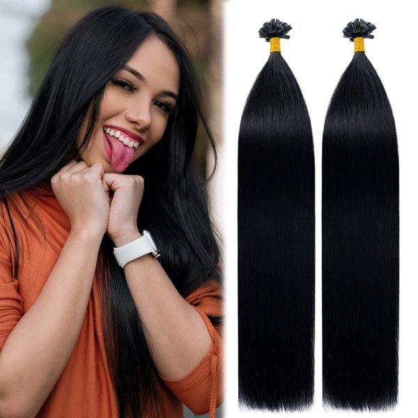 MY-LADY U Tip Hair Extensions Human Hair Jet Black 16 Inch 50G 50Strands K Tip Keratin Bond Hair Extensions Fusion Utip Ktip Pre Bonded Hair Extensions Real Remy Hair
