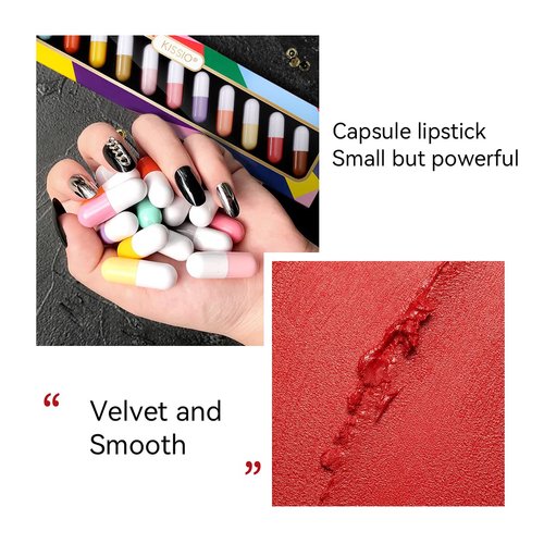 KISSIO Lipstick Set 12 Colors,Mini Matte Lipstick,Pill Lipstick Set,Waterproof Long Lasting Mini Capsules Lipstick,Travel Friendly,Cruelty Free,2.33 Oz