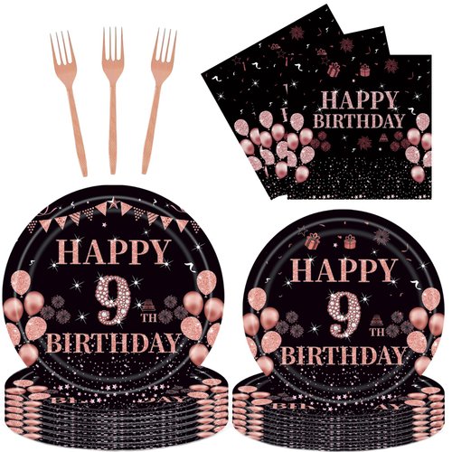 EMrups 96PCS 9th Birthday Party Plates Set Rose Gold Theme Decorations Include Rose Gold Plates and Napkins Forks for 9 Year Old Girls Birthday Party Supplies Serves 24 Guests