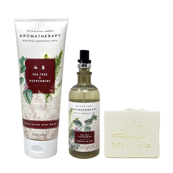 Bath & Body Works Aromatherapy Tea Tree + Peppermint Exfoliating Body Wash and Essential Oil Mist Bundle with a Natural Oats Bar Soap - Full Size