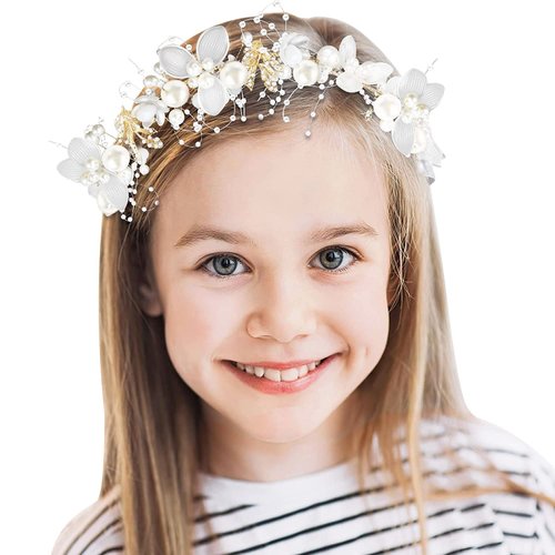 Aohcae Princess Flower Girl Headpiece Flower Girl Crystal Hair Accessories Communion Wedding Rhinestone Pearl Headband for Girls and Women Cute Bridal Hair Band (Gold)