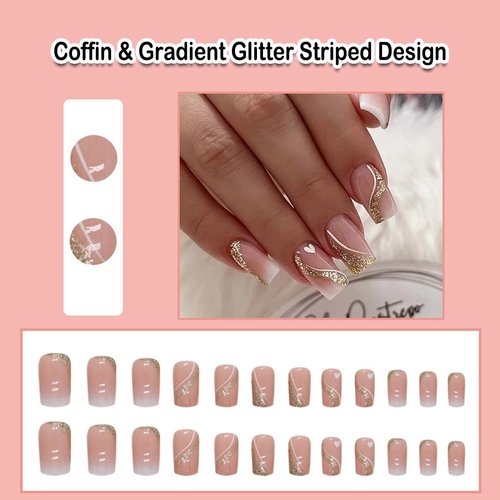 ANDGING Coffin Press on Nails Short Medium Ombre White Glue on Nails with Gradient Glitter Gold Line Striped Design Acrylic Fake Nails for Wedding False Nails Women Manicure Stick on Nail with Glue