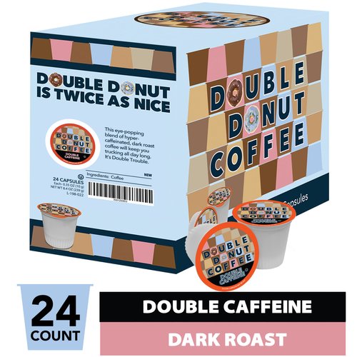 Double Donut High Caffeine Coffee Pods, Extra Strong Double Caffeine Coffee Cups for Keurig K Cup Brewer Machines Single Serve Dark Roast Coffee, 24 Count