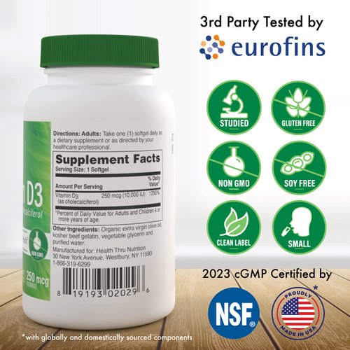 Health Thru Nutrition Vitamin D3 10,000 IU Non GMO 120 Mini Softgels (10000 iu cholecalciferol) Soy Free, USP Grade Natural Vitamin D