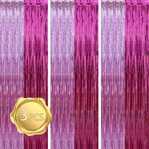 BEISHIDA 3Pcs Hot Pink Door Streamer Colorful Hot Pink Colour Scheme Backdrop Foil Fringe Tinsel Curtains Hot Girls Mean Girls Backdrops for Birthday Children's Day Decoration (3.28 ft x 6.56 ft)